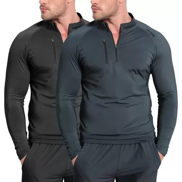 imageBROKIG Mens Dualzip Lightweight Muscle Quarter Zip Long Sleeve Shirts Workout Running Gym Athletic Slim Fit 14 Zip JacketsBlackdark Gray