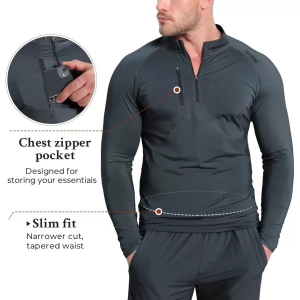 imageBROKIG Mens Dualzip Lightweight Muscle Quarter Zip Long Sleeve Shirts Workout Running Gym Athletic Slim Fit 14 Zip JacketsDark Gray