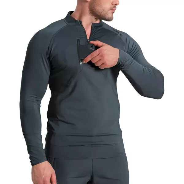 imageBROKIG Mens Dualzip Lightweight Muscle Quarter Zip Long Sleeve Shirts Workout Running Gym Athletic Slim Fit 14 Zip JacketsDark Gray