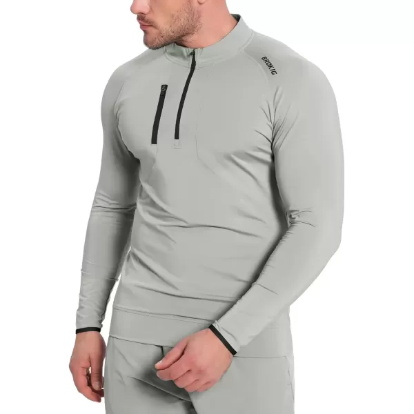 imageBROKIG Mens Dualzip Lightweight Muscle Quarter Zip Long Sleeve Shirts Workout Running Gym Athletic Slim Fit 14 Zip JacketsLight Gray