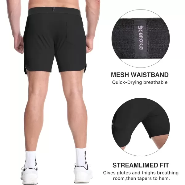 imageBROKIG Mens Inpocket Lightweight Gym Shorts5quot Linerless Athletic Side Slit Workout Shorts Men Quick Dry Elastic WaistBlack