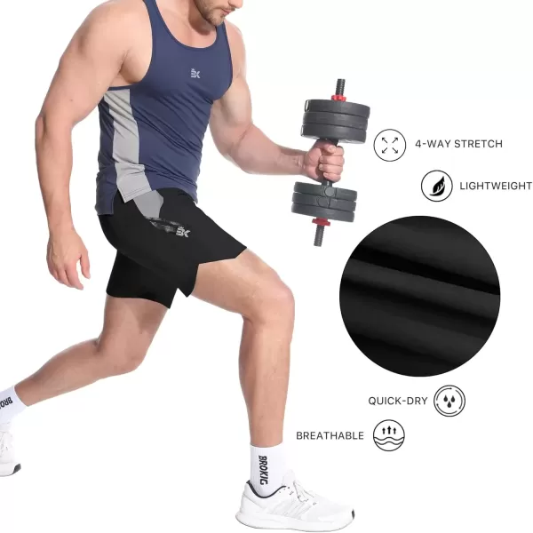 imageBROKIG Mens Inpocket Lightweight Gym Shorts5quot Linerless Athletic Side Slit Workout Shorts Men Quick Dry Elastic WaistBlack