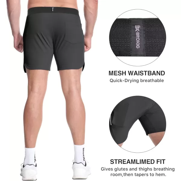 imageBROKIG Mens Inpocket Lightweight Gym Shorts5quot Linerless Athletic Side Slit Workout Shorts Men Quick Dry Elastic WaistBlackDark Grey