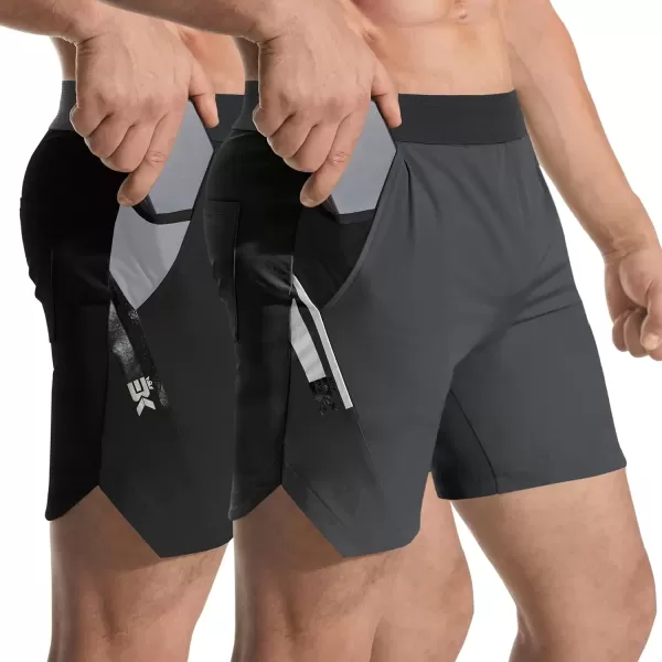 imageBROKIG Mens Inpocket Lightweight Gym Shorts5quot Linerless Athletic Side Slit Workout Shorts Men Quick Dry Elastic WaistBlackDark Grey