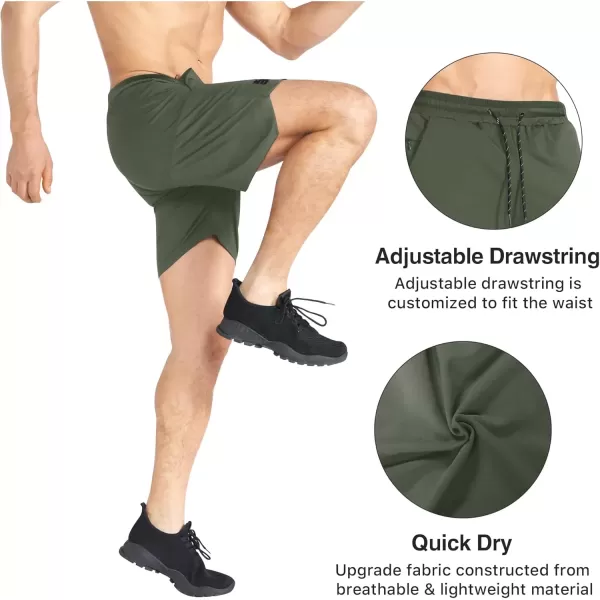 imageBROKIG Mens Inzip Lightweight Gym Workout Shorts Athletic Short Shorts Fitted Lifting Shorts with Zipper PocketsArmy Green