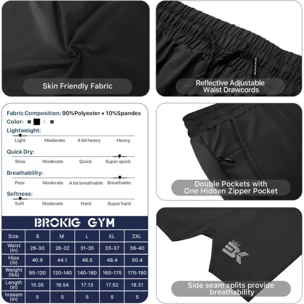 imageBROKIG Mens Inzip Lightweight Gym Workout Shorts Athletic Short Shorts Fitted Lifting Shorts with Zipper PocketsBlack