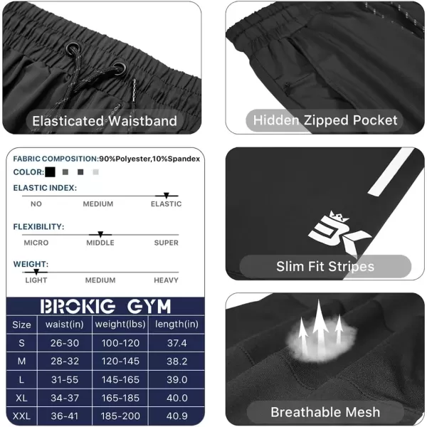 imageBROKIG Mens Lightweight Athletic Gym Jogger Pants Stretch Quick Dry Workout Running Sweat Pants with Zipper PocketsBlack