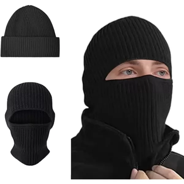 imageBROKIG Skull Cap 2 in 1 Black Balaclava Ski Mask Winter Balaclava Mask Warm Face Mask and Beanie Hats for Men Headwear2 Pack Black
