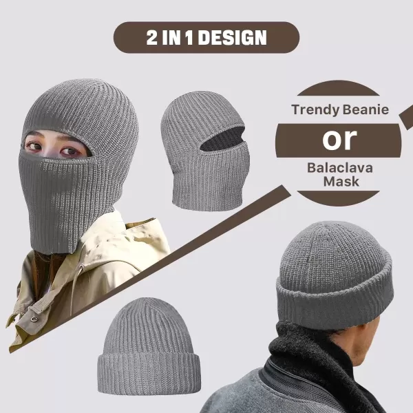 imageBROKIG Skull Cap 2 in 1 Black Balaclava Ski Mask Winter Balaclava Mask Warm Face Mask and Beanie Hats for Men Headwear2 Pack Blacklight Grey
