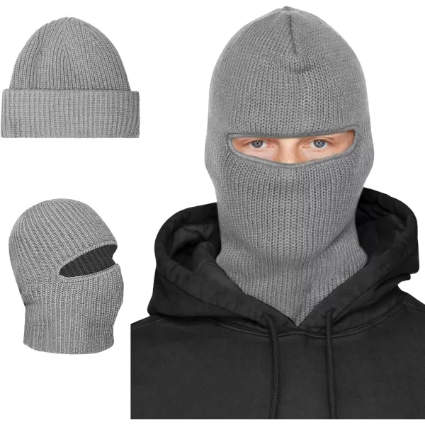 imageBROKIG Skull Cap 2 in 1 Black Balaclava Ski Mask Winter Balaclava Mask Warm Face Mask and Beanie Hats for Men HeadwearLight Grey