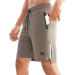 imageBROKIG Mens Lightweight Athletic Shorts 7 inch Quick Dry Running Gym Workout Shorts for Men with Zip PocketsBeige