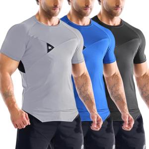 imageBROKIG 3 Pack Mens Irregular Muscle Gym Shirts Quick Dry Sun Protection Workout Athletic T Shirt Short SleeveBlackLight GreyBlue