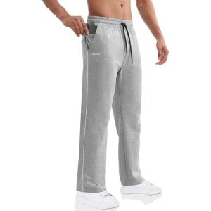 imageBROKIG Mens Gerade Athletic Pants Workout Jogger Pants Elastic Waistband Open Bottom Loose Sweat Pants with Zip PocketsLight Gray