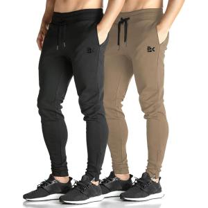 imageBROKIG Mens Zip Joggers Pants  Casual Gym Workout Track Pants Comfortable Slim Fit Tapered Sweatpants with Pockets2 Pack Beigeblack