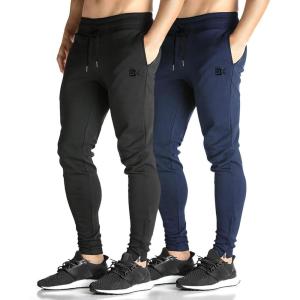 imageBROKIG Mens Zip Joggers Pants  Casual Gym Workout Track Pants Comfortable Slim Fit Tapered Sweatpants with Pockets2 Pack Blacknavy