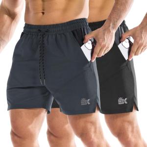 imageBROKIG Mens 2 Pack Drylite Bodybuilding Gym Shorts with Pockets Quick Dry Stretch Workout Shorts MenBlackDark Grey