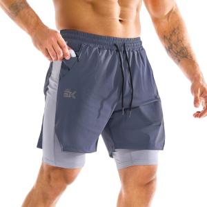 imageBROKIG Mens DualLayer Gym Shorts Lightweight Quick Dry Running Bodybuilding 7 Fitted Workout Short LinedZip PocketAiry Blue