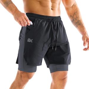 imageBROKIG Mens DualLayer Gym Shorts Lightweight Quick Dry Running Bodybuilding 7 Fitted Workout Short LinedZip PocketBlack