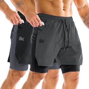 imageBROKIG Mens DualLayer Gym Shorts Lightweight Quick Dry Running Bodybuilding 7 Fitted Workout Short LinedZip PocketBlackdark Grey