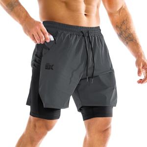 imageBROKIG Mens DualLayer Gym Shorts Lightweight Quick Dry Running Bodybuilding 7 Fitted Workout Short LinedZip PocketDark Grey