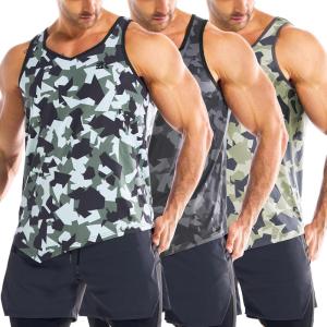 imageBROKIG Mens Irregular Gym Tank Tops 3 Pack Lightweight Quick Dry Running Sleeveless Shirts Bodybuilding TeeCamo BlackCamo GreenCamo Yellow