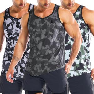 imageBROKIG Mens Irregular Gym Tank Tops 3 Pack Lightweight Quick Dry Running Sleeveless Shirts Bodybuilding TeeCamo BlackCamo GreyCamo Green