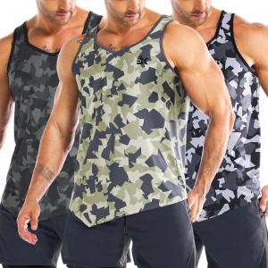 imageBROKIG Mens Irregular Gym Tank Tops 3 Pack Lightweight Quick Dry Running Sleeveless Shirts Bodybuilding TeeCamo BlackCamo GreyCamo Yellow