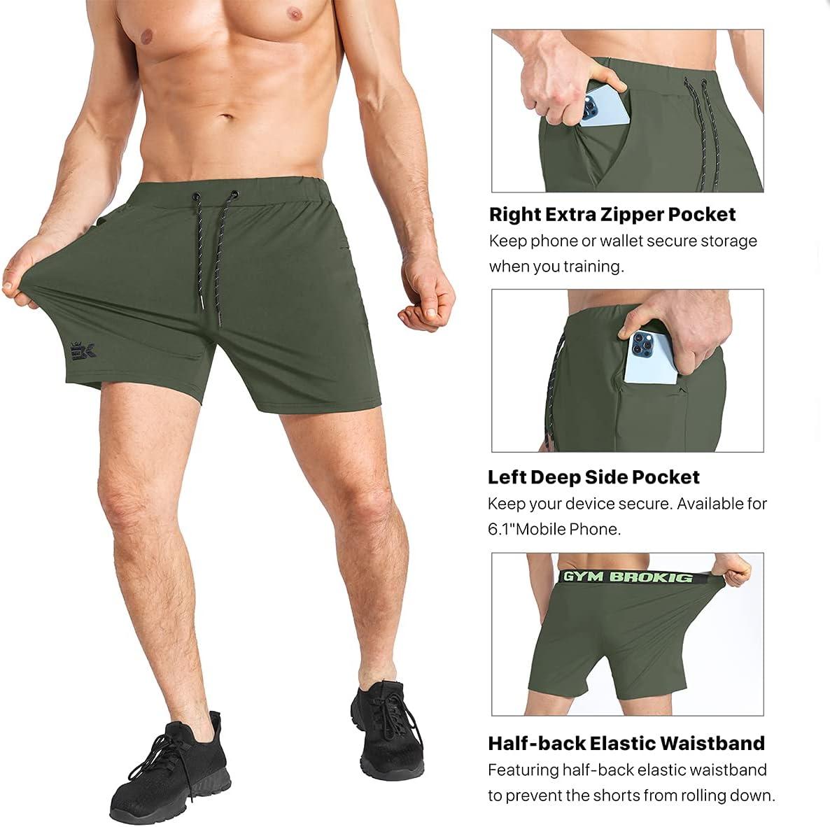 imageBROKIG Mens Lightweight Gym ShortsBodybuilding Quick Dry Running Athletic Workout Shorts for Men with PocketsArmy Green