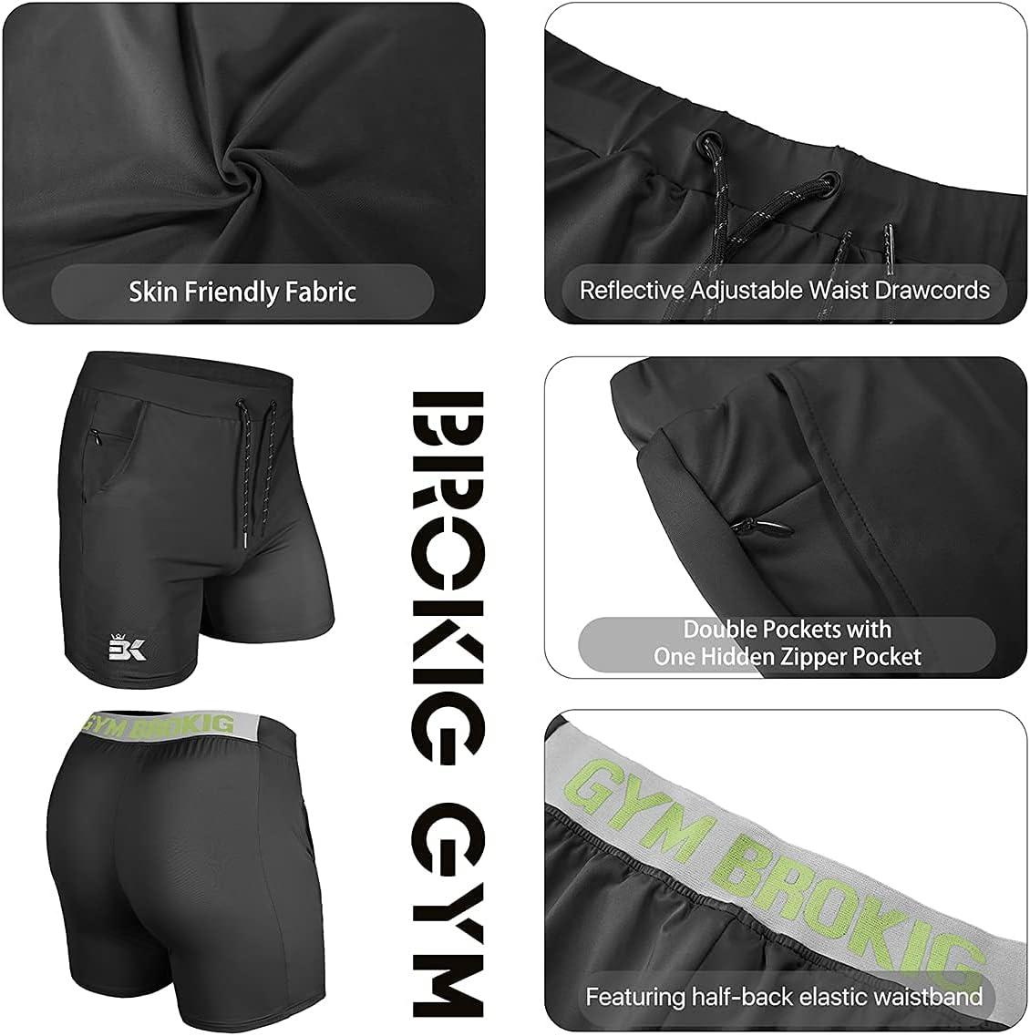 imageBROKIG Mens Lightweight Gym ShortsBodybuilding Quick Dry Running Athletic Workout Shorts for Men with PocketsBlack