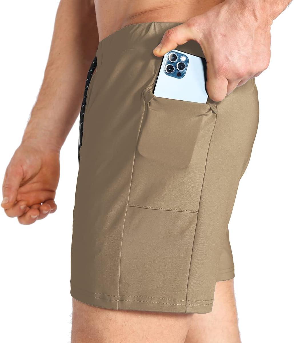 imageBROKIG Mens Lightweight Gym ShortsBodybuilding Quick Dry Running Athletic Workout Shorts for Men with PocketsKhaki