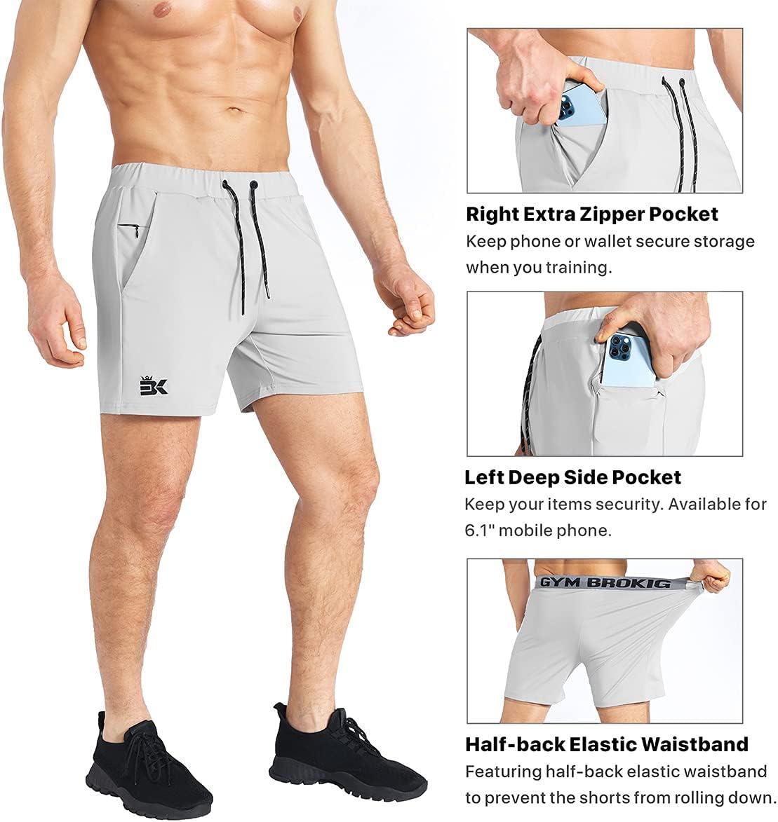 imageBROKIG Mens Lightweight Gym ShortsBodybuilding Quick Dry Running Athletic Workout Shorts for Men with PocketsLight Grey