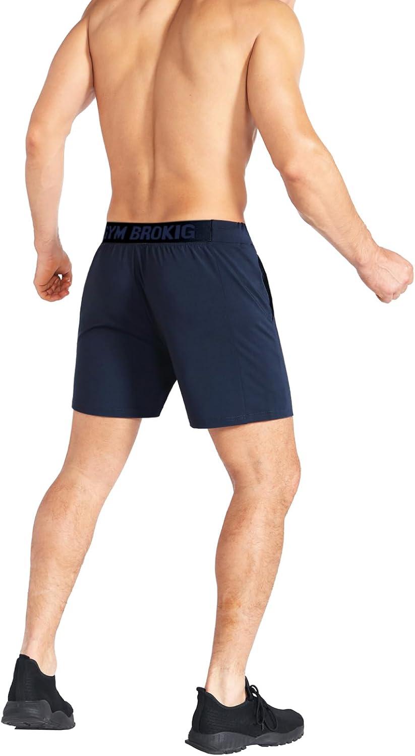imageBROKIG Mens Lightweight Gym ShortsBodybuilding Quick Dry Running Athletic Workout Shorts for Men with PocketsNavy Blue