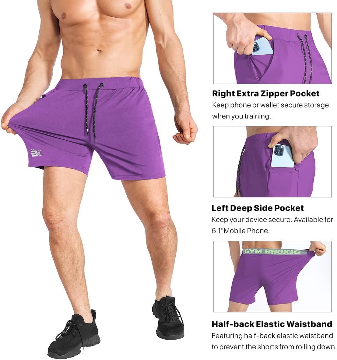 imageBROKIG Mens Lightweight Gym ShortsBodybuilding Quick Dry Running Athletic Workout Shorts for Men with PocketsPurple