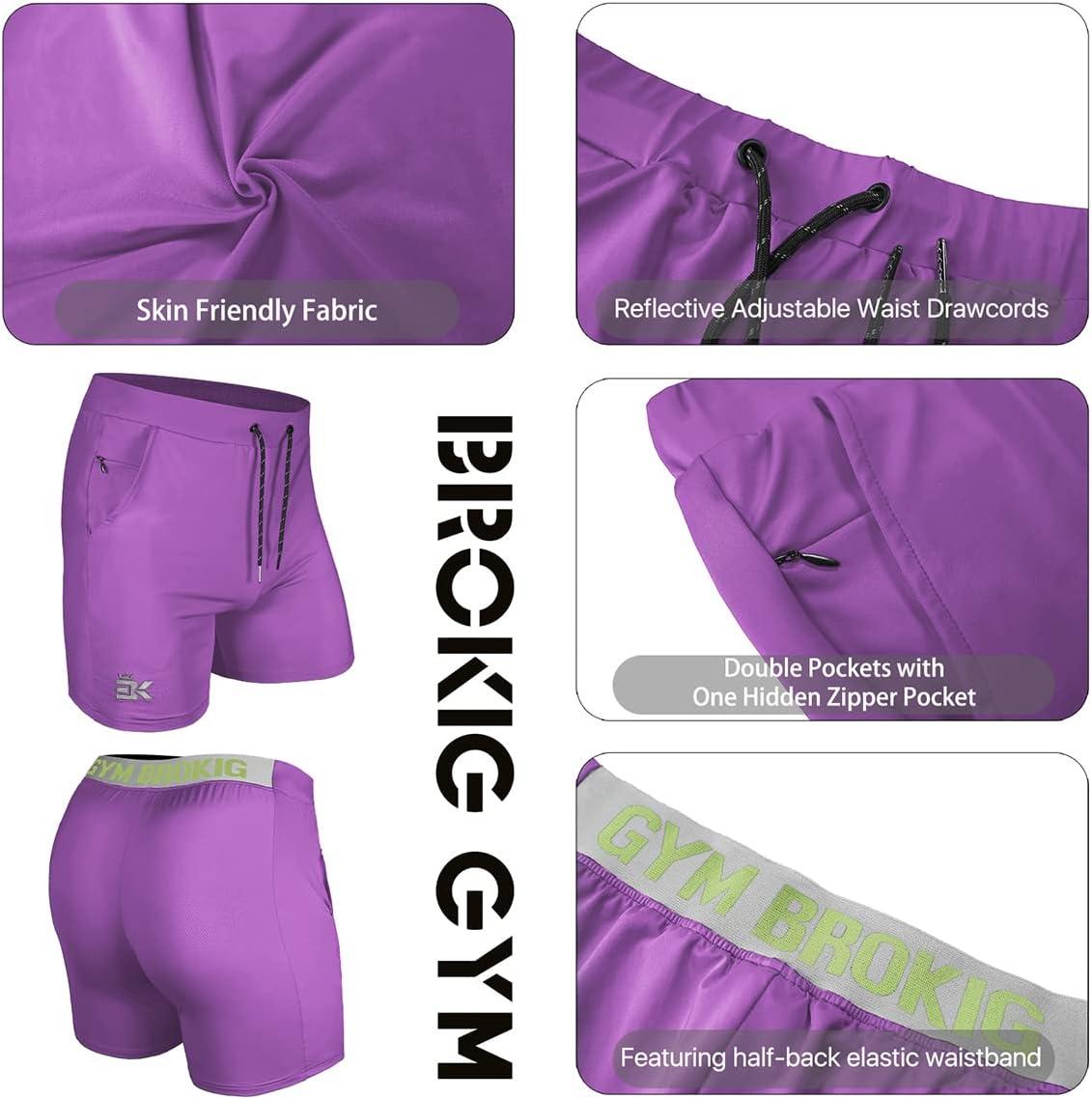 imageBROKIG Mens Lightweight Gym ShortsBodybuilding Quick Dry Running Athletic Workout Shorts for Men with PocketsPurple