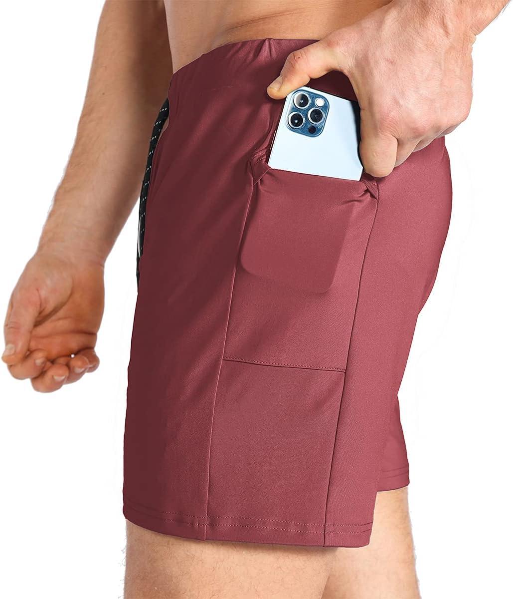 imageBROKIG Mens Lightweight Gym ShortsBodybuilding Quick Dry Running Athletic Workout Shorts for Men with PocketsRed