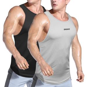 imageBROKIG Mens 2 Pack Lightweight Stringer Tank Tops SingletsBodybuilding Quick Dry Y Back Gym Tanks MenBlackLight Grey