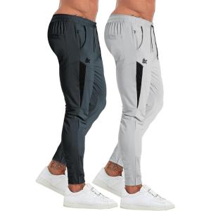 imageBROKIG Mens 2 Pack Tapered Gym Jogger PantsLightweight Workout Sweatpants Stretch Athletic Sweat Pants with Zip PocketsDark GreyLight Grey