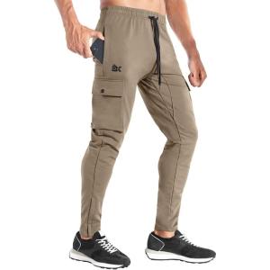 imageBROKIG Mens Cargo Workout Joggers Pants Tapered Gym Athletic Tactical Slim Sweatpants Men with PocketsBeige