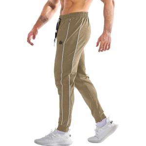 imageBROKIG Mens Stripe Gym Joggers Pants Causal Slim fit Tapered Workout Sweatpants with Zipper PocketBeige