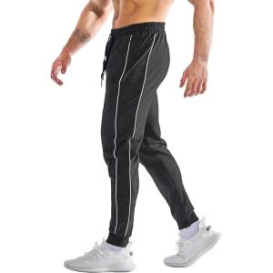 imageBROKIG Mens Stripe Gym Joggers Pants Causal Slim fit Tapered Workout Sweatpants with Zipper PocketBlack