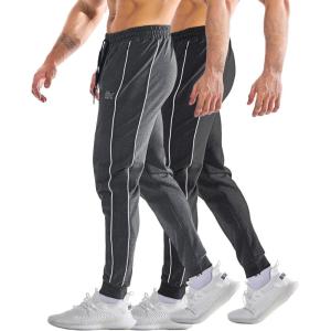 imageBROKIG Mens Stripe Gym Joggers Pants Causal Slim fit Tapered Workout Sweatpants with Zipper PocketBlackDark Grey