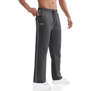 imageBROKIG Mens Stripe Baggy Workout Sweatpants Open Bottom Straight Leg Casual Sweat Pants with PocketsDark Grey
