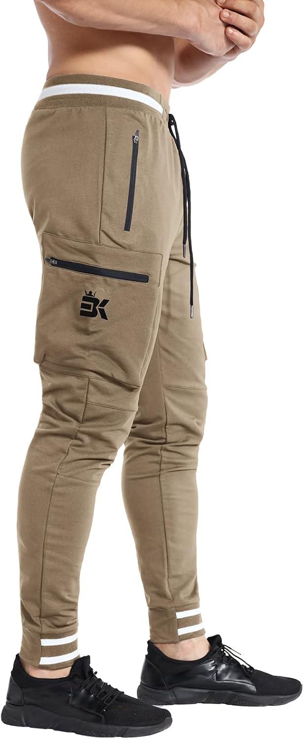 imageBROKIG Men Large Capacity Gym Joggers Pants with Zipper PocketsWorkout Tapered Casual Athletic Sweatpants Track PantsBeige