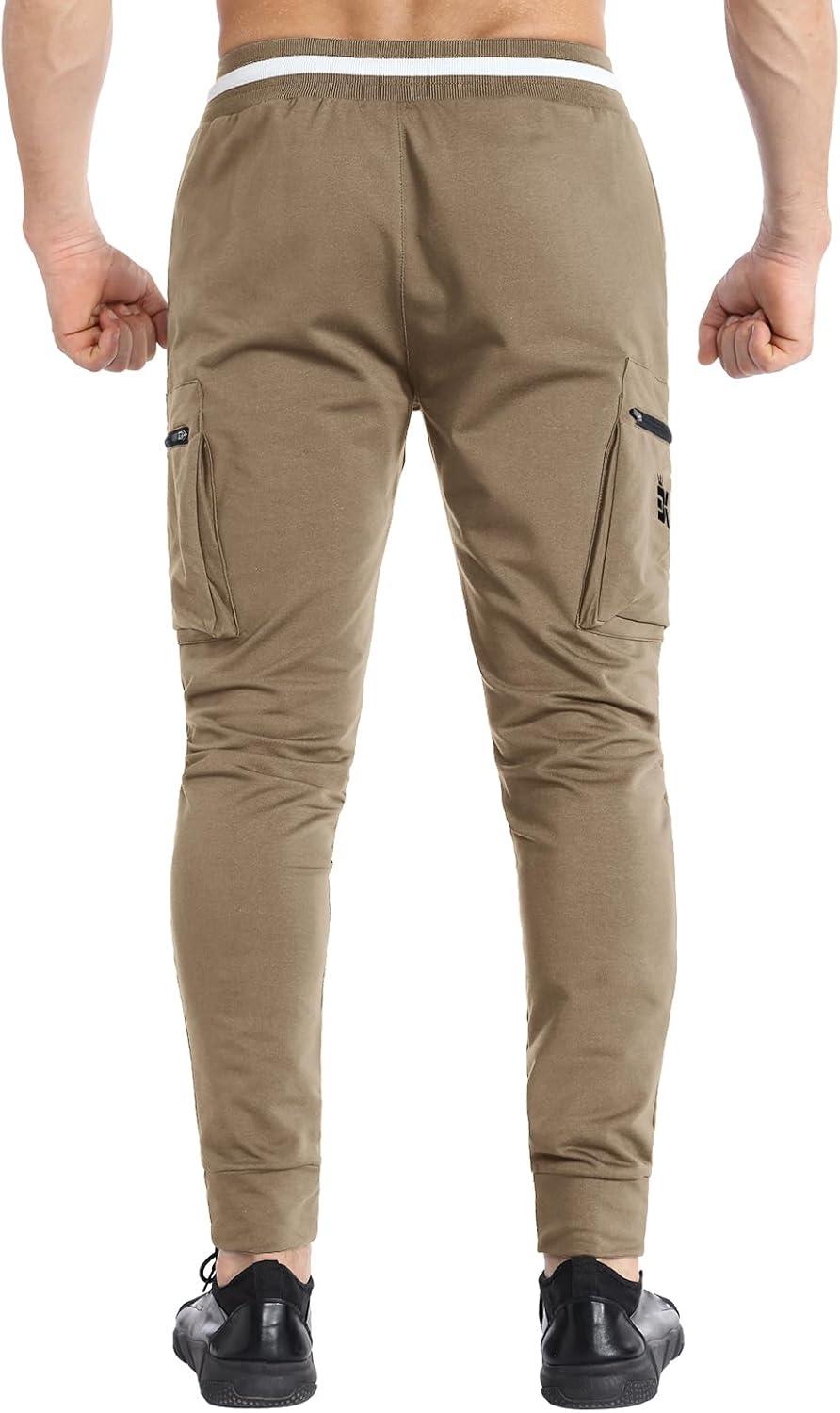 imageBROKIG Men Large Capacity Gym Joggers Pants with Zipper PocketsWorkout Tapered Casual Athletic Sweatpants Track PantsBeige
