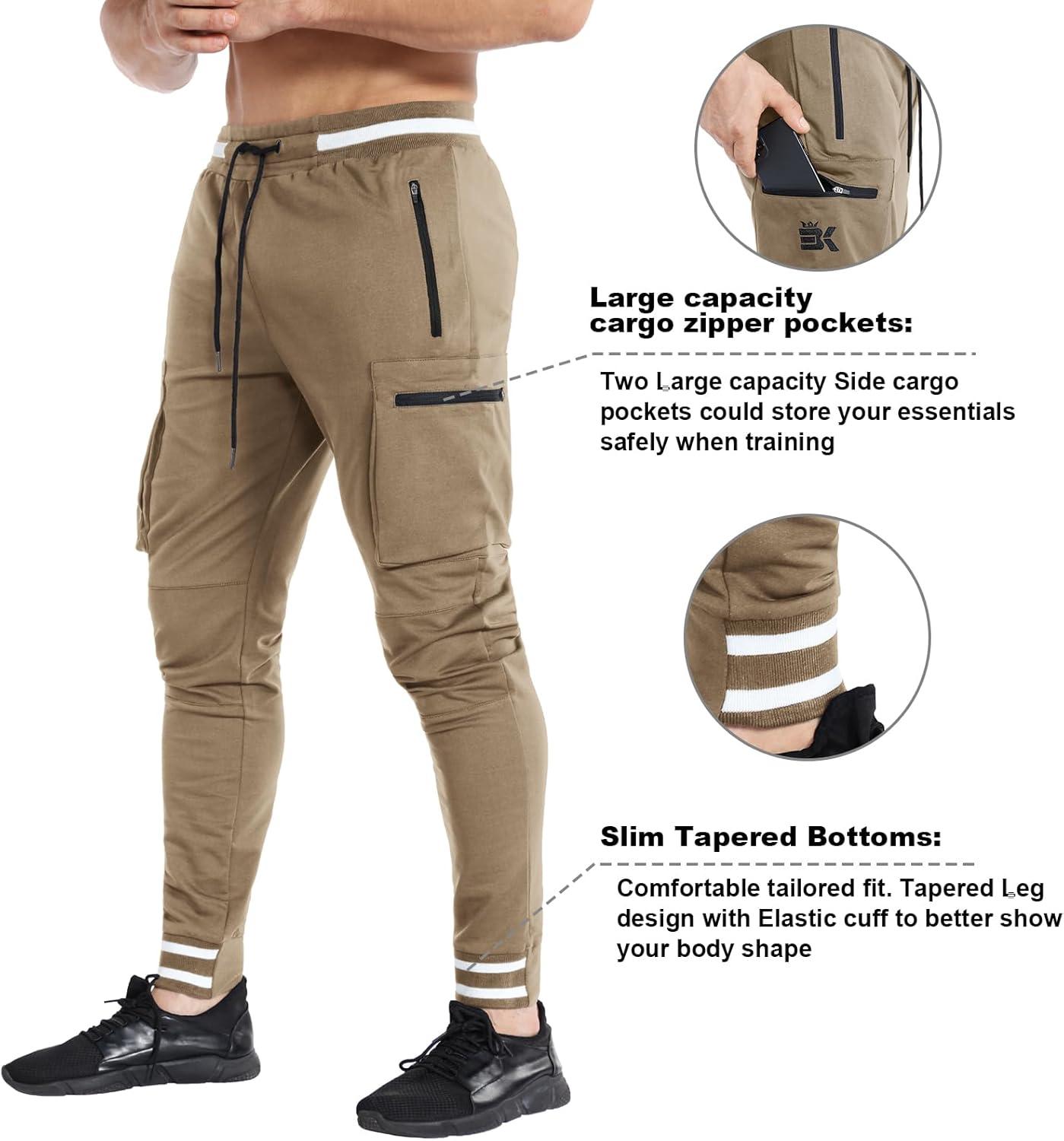 imageBROKIG Men Large Capacity Gym Joggers Pants with Zipper PocketsWorkout Tapered Casual Athletic Sweatpants Track PantsBeige