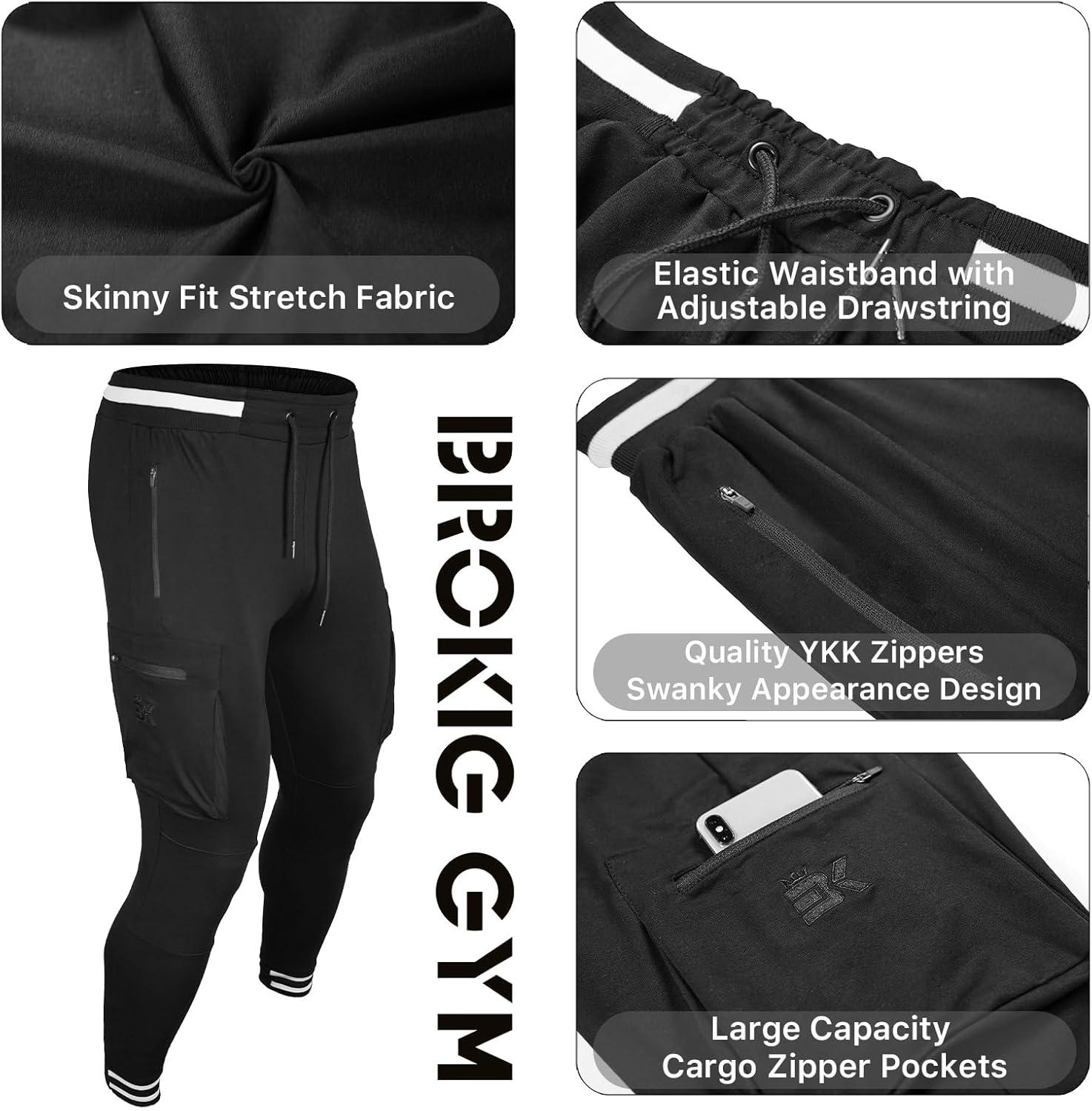 imageBROKIG Men Large Capacity Gym Joggers Pants with Zipper PocketsWorkout Tapered Casual Athletic Sweatpants Track PantsBlack