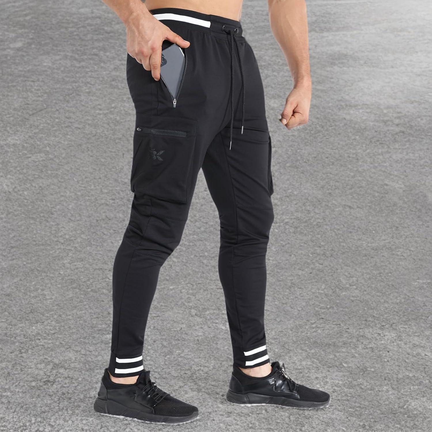 imageBROKIG Men Large Capacity Gym Joggers Pants with Zipper PocketsWorkout Tapered Casual Athletic Sweatpants Track PantsBlack