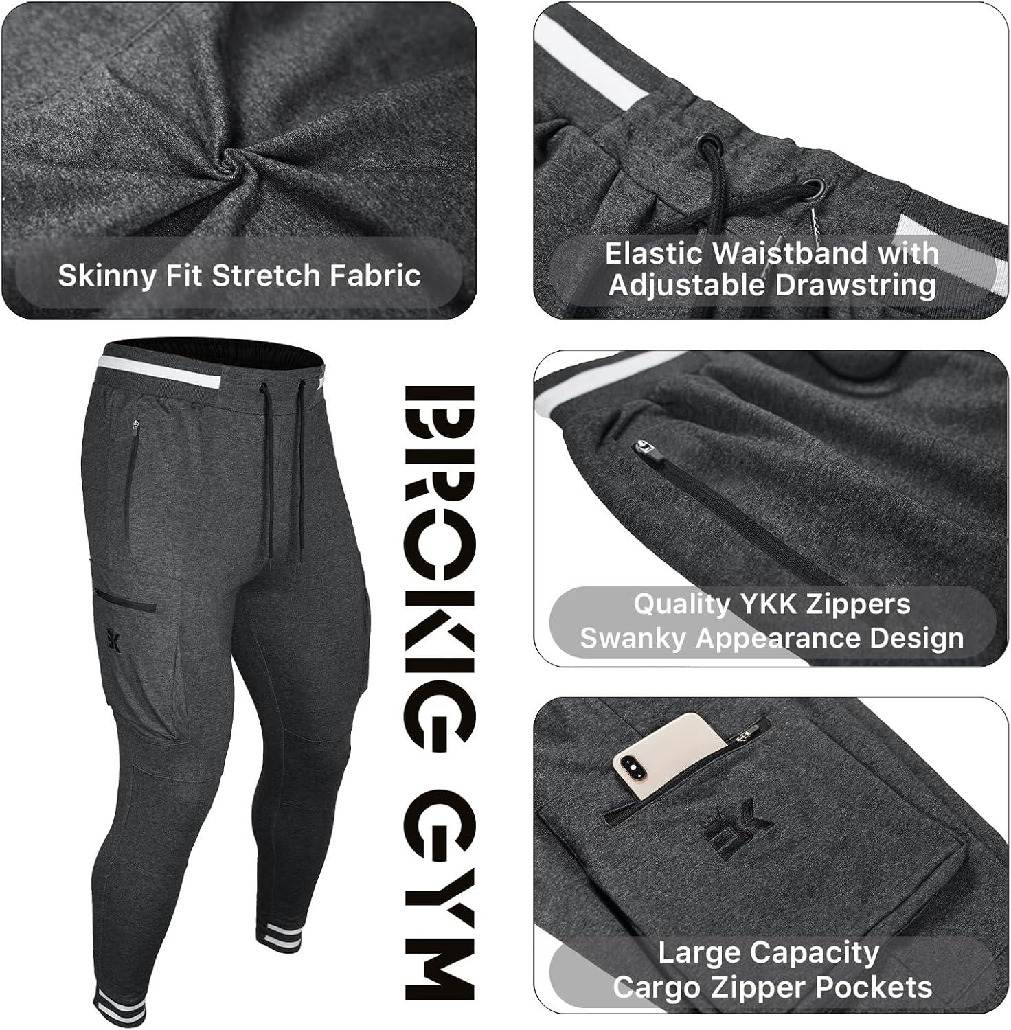 imageBROKIG Men Large Capacity Gym Joggers Pants with Zipper PocketsWorkout Tapered Casual Athletic Sweatpants Track PantsDark Gray