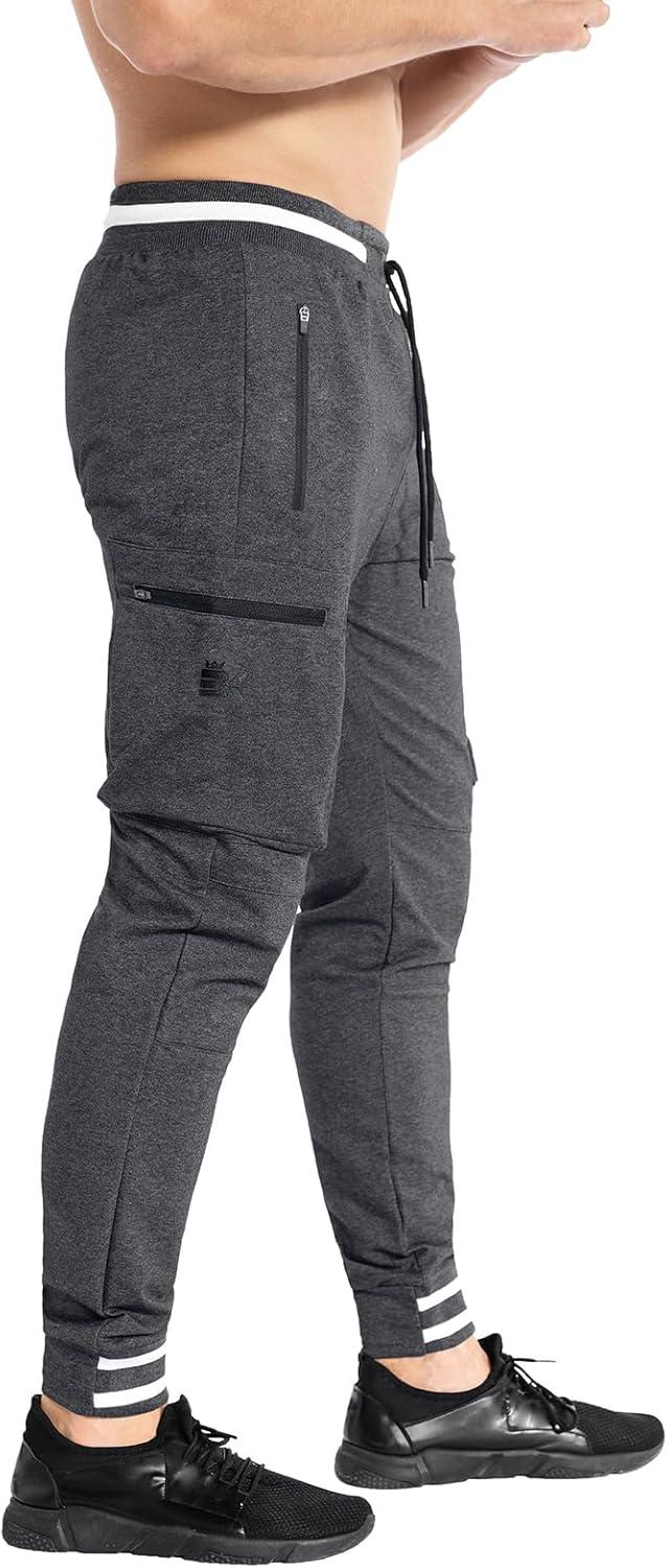 imageBROKIG Men Large Capacity Gym Joggers Pants with Zipper PocketsWorkout Tapered Casual Athletic Sweatpants Track PantsDark Gray
