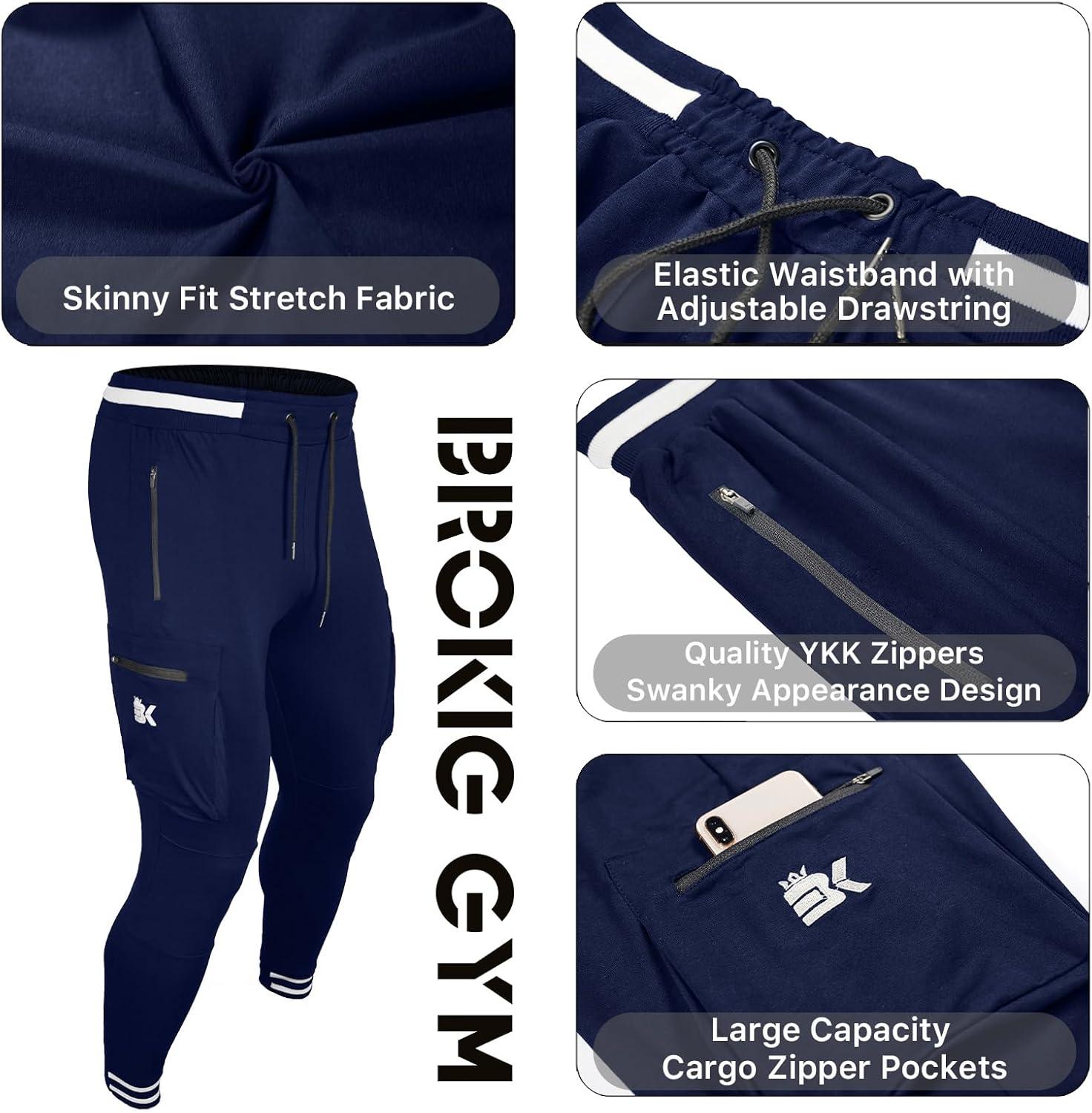 imageBROKIG Men Large Capacity Gym Joggers Pants with Zipper PocketsWorkout Tapered Casual Athletic Sweatpants Track PantsNavy Blue